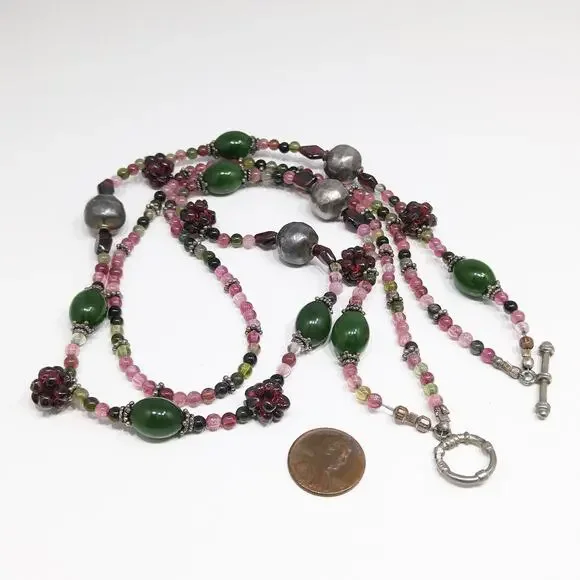 Vintage Gemstone Beaded Necklace, Garnet Clusters, Two Strands, 1990s Vintage